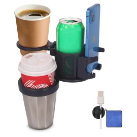 Araye 6 in 1 Car Cup Holder-Phone Holder/Mount, Temp Retaining- 3 Drink Compartments