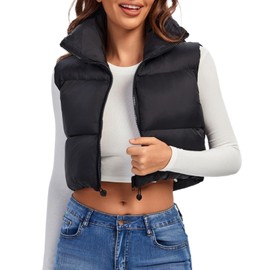 Fuinloth Women's Padded Vest, High Stand Collar Lightweight Zip Crop Puffy Gilet Black M