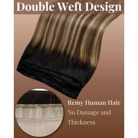 Hetto Weft Hair Extensions Human Hair 18 Inch Sew in Real Extensions Human Hair for Women Ombre Black to Brown with Blonde Highlights 100g