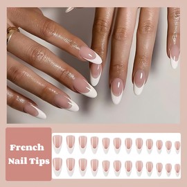 French Tip Press on Nails Square Almond Nail Tips Curve Full Cover Short False Nails Rhinestones Flower Designs with Nail File Adhesive Tabs (Water White)