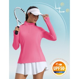 MAGCOMSEN Womens Rash Guard Long Sleeve Shirts 1/4 Zip Workout Running Athletic Tops UPF 50+ Sun Shirts Rose Red L