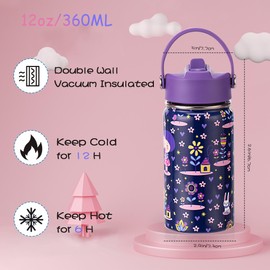 12oz Kids Insulated Water Bottle,Double Wall Vacuum Tumbler,18/8 Stainless Steel Leak Proof Kids Cups with Straw,Metal Water Bottle for School Boys Girls,Car and Girl