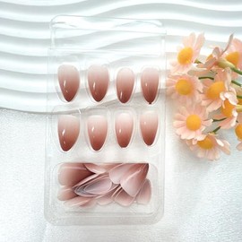 Uñas Postizas Degradadas Marrones - Uñas Cortas Almendradas Con Diseño Ombré, Brillantes, Adhesivas, De Cobertura Total, Acrílicas, Para Mujer, 24 Uni