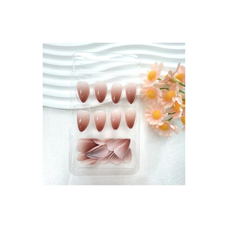 Uñas Postizas Degradadas Marrones - Uñas Cortas Almendradas Con Diseño