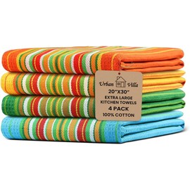 Urban Villa Kitchen Towels 100% Cotton Dish Towels for Kitchen(Set of 4)20”x30” Dish Cloths Highly Absorbent Kitchen Linen Set with Hanging Loop Perfect for Drying Dishes Cleaning Towels -Multi Color