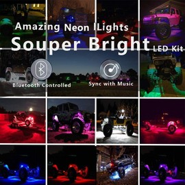 NBWDY 8pc Bluetooth RGB LED Car Motorcycle Glow Lights Flexible Neon Strip Waterproof Kit,IP 68 Waterproof with RF Wireless Remote