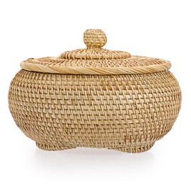 IGNPION Rattan Storage Basket with lid Multi-Purpose Decorative Storage Baskets for Shelf &Desktop Woven Picnic Fruit Bread Basket Egg Holder Bowl(Small)