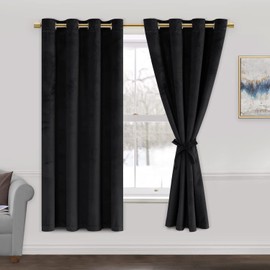 JIUZHEN Black Velvet Curtains 63 inch - 2 Panels of Soft and Smooth Luxury Velvet Curtains Room Darkening Heat Blocking Grommet Curtain Panels for Kitchen/Bedroom, W52 x L63