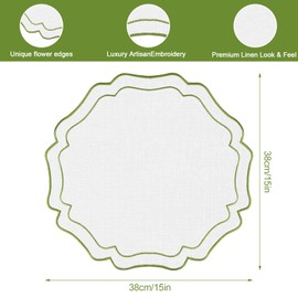 4 Sets Ribbon Twirl Cotton Linen Placemats, 15 inch Embroidery Scalloped Round Cloth Table Mats Washable Fabric Place Mats Flower Shape for Wedding Baby Shower Banquet Party Holiday Table Decor