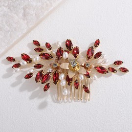 Lenjicons Elegant Flower Rhinestone Hair Comb Faux Pearls Rhinestone Wedding Headpiece Luxuries Crystal Beads Bridal Hair Comb Wedding Hair Accessories for Women (wine red)