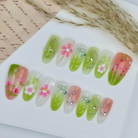 30Pcs 3D Flower Press on Nails Short Almond Fake Nails with Summer Shiny Flower Bow Pearl Rhinestones Pattern Design Full Cover Stick on Nail Acrylic False Nails Cute Nail for Women Salon Manicure