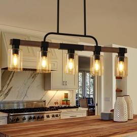 Farmhouse Dining Room Light Fixture ，Rustic Ceiling Pendant Light Fixtures，5-Light Wood Kitchen Island Lighting/Chandelier Over Table,Hanging for Linear Chandeliers,with Clear Glass lampshade