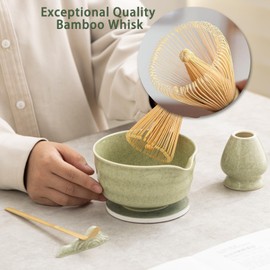 Ochcahser Japanese Matcha Set, Matcha Bowl with Spout and Coaster, Matcha Whisk and Holder, Sifter, Scoop, Spoon, Cleaning Brush,10 Pcs Complete Ceramic Matcha Kit