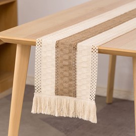 Boho Woven Macrame Table Runner Cotton Linen with Tassels,Modern Vintage Washable Table Cloth Table Decoration Dining Table Decoration for Home Kitchen Rustic Boho Wedding Decoration,30 x 120 cm Beige