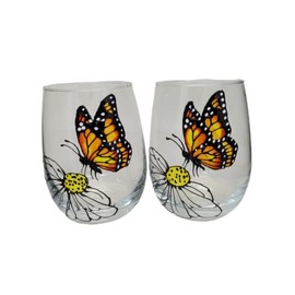 Monarch Butterfly Flower Hand Painted Stemless Wine Glasses Set of 2 Spring Home Decor