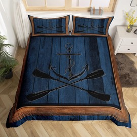 Lake Life Bedding Set King Size for Woman Men,Nautical Anchor Paddle Print Comforter Cover with 2 Pillowcases,Navy Blue Wooden Board Rustic Plaid Duvet Cover Set Microfiber Quilt Cover