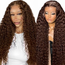 Suresen Chocolate Brown Lace Front Wig Human Hair 180% Density Deep Wave Lace Front Wigs Human Hair Curly Human Hair Wig Wig for Women 13×4 HD Lace Front Wigs Human Hair 24 Inch