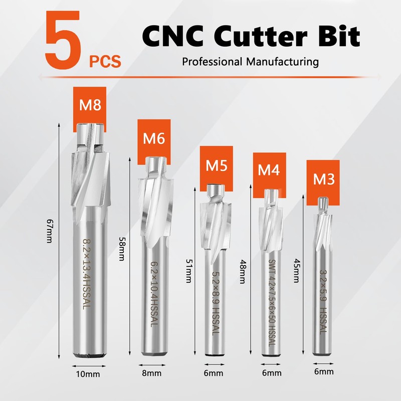 Akozon 5pcs M3-M8 Slotting Counterbore End Mill Cutter Solid Slot