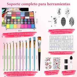Kit de Pintura Facial y Pintura Corporal de 42 Colores, Set Profesional de Pintura Facial y Corporal, con Paleta de Maquillaje, Pincel y Gemas, Pintacaritas para Niños, Adecuado para Halloween, Espectáculos, Fiestas