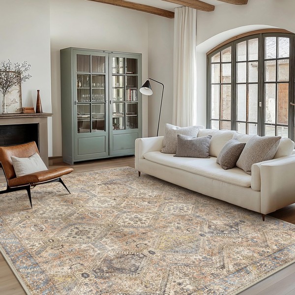 Bavni Area Rug 9x12 Machine Washable Large Ultra-Thin Chenille Vintage