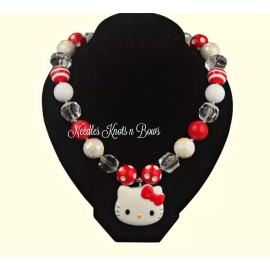 Unbranded Girls Kitty Cat Chunky Bead Bubblegum Necklace, Red & White Chunky Necklace