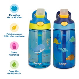 SHIMY Termos para Agua de Niños (2 Piezas de 500 ml c/u), con Tapa a Prueba de Fugas, Popote y Boquilla de Silicón, Vasos para Niños Fabricados con Tritán Resistente Libre de BPA, Ideal para Lonchera