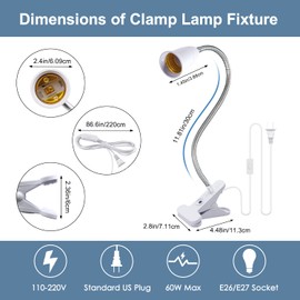 Flexible Aluminum Neck Clip Lamp Holder, 360Adjustable Socket, E26/E27 Clamp Light Fixture with 220 CM Switch and Plug Cable, Desk Lamp Holder for Study Work Read, No Bulb