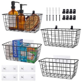LIGHT DUST Wire Hanging Wall Basket, 4 Black Baskets Set, Adhesive Wall Mount Organizer for Pantry Kitchen RV Bathroom Cabinet Storage Organization