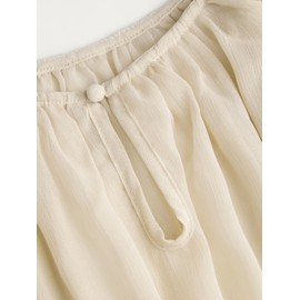 CIDER Womens Blouse Dressy Casual Crew Neck See Through Ruffle Hem Bell Sleeve Loose Fit Chiffon Blouse Beige