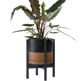 D'vine Dev Ceramic Planter with Ebony Stand - 10 Inch Modern Round Flower Pot with Wood Planter Holder, Black/Speckled Tan, 55-B-L-7