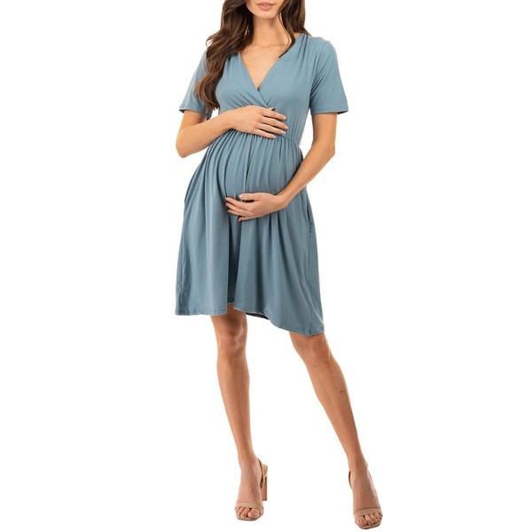 Mother Bee Maternity Vestido cruzado de imitación hasta la rodilla, azul, gris (BlueGrey), XL
