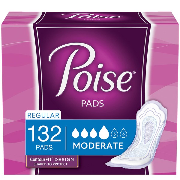 Poise Incontinence Pads for Women, Moderate Absorbency, Regular Length, 132 Count (2 Packs of 66) (Packaging May Vary)