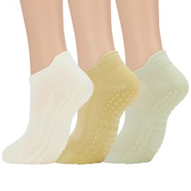 Pilates Grip Socks for Women Non-Slip Women Ankle Grippy Socks Anti-Skid Grip Yoga Slipper Socks, 3 Pairs-Light Yellow Light Green Cream White