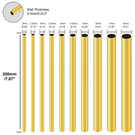LAVMHAB Brass Tubes Kit of 2mm 2.5mm 3mm 3.5mm 4mm 4.5mm 5mm 6mm 7mm 8mm OD X 0.3mm Wall Thickness X 200mm Length, Seamless Round Brass Pipes Tubing for DIY Craft (10 Pack)
