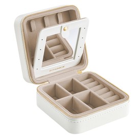 SONGMICS Schmuckkästchen Reise, Schmuckkasten klein, Schmuck-Reiseetui, Spiegel, Reißverschluss, Schmuckaufbewahrung tragbar, PU-Bezug, 11,4 x 11,4 x 5,5 cm, Geschenkidee, wolkenweiß JBC146BEV2