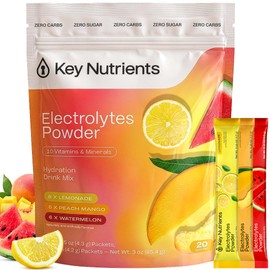 KEY NUTRIENTS Electrolytes Powder Packets – Variety Pack – Sugar Free Hydration Drink Mix – Keto Electrolytes Hydration Packets – Improved Refreshing Taste Lemonade, Peach Mango & Watermelon – 20 Pack
