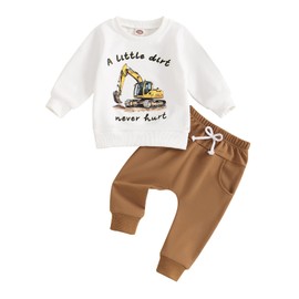Geagodelia Toddler Baby Boy Fall Spring Outfit Clothes Excavator Print Jumper Sweatshirt Top Trouser Jogger Set Tracksuit (White Khaki, 12-18 Months)