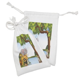 Ambesonne Cartoon Fabric Pouch Set of 2, Various Cartoon Style Animals Together by River Bank Tree Bird Funny Wildlife, Small Drawstring Bag for Toiletries Masks and Favors, 9" x 6", Multicolor