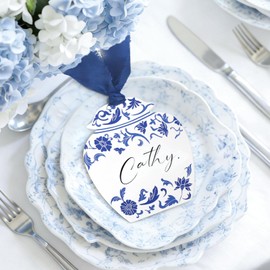 JarThenaAMCS 50 Pcs Blue Floral Place Cards 3 x 3.8 inch Hanging Chinoiserie Blank Table Name Sign with Chiffon Ribbon for Wedding Baby Shower Table Setting Supplies