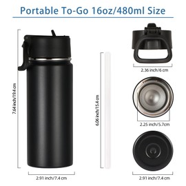 Volhoply Kids Insulated Water Bottle With Straw,16oz Stainless Steel Cold Water Bottles for School,BPA-Free Metal Wide Mouth Cups With Handle Lid,Reusable Double Wall Vacuum Sport Thermos(Black,1)