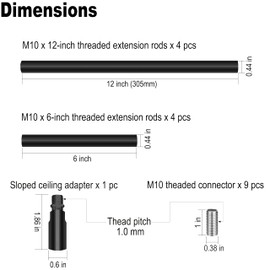 8 Pieces M10 Threaded Extension Poles Lighting Fixture Downrods Stems & 180 Degrees Sloped Ceiling Adapter Kits for Pendant Light, Island Lighting, Chandeliers (Black)