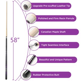 Winucue Pool Cue, 58" Billiard Cue Stick 2-Piece 13mm Maple Wood Pool Cue Stick for Bar House Pool Table Sports House Pool Table Sports (Purple 21oz)