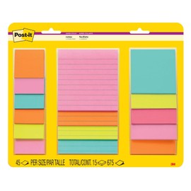 Post-it - Notas superadhesivas, 15 almohadillas para orejas adhesivas, multitamaño, ideal para organización en tu recámara, hogar u oficina, 2 unidades de poder pegado, colección Supernova Neons
