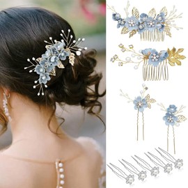 BUYBLIFE Bridal Wedding Hair Accessories Set, Set of 4 Bridesmaid Flower Hair Pins Elegant Jewelry Rhinestone for Women Girls, with 5pcs Crystal Pearl Bridal Headpieces