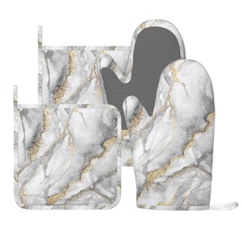 Marble Gold Gray Fashion Oven Mitts and Pot Holders Sets of 4, Heat Resistant Silicone Oven Mittens and Potholders Gloves Hot Pads for Kitchen Cooking Baking Grilling BBQ Chef