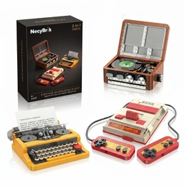 NecyBrik 3-in-1 Retro Building Blocks Set, 726 Pcs Vintage Typewriter, Record Player & Game Console Model Kit, Collectible Premium Nostalgia Gift for Adults.