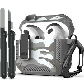 RFUNGUANGO for AirPods 3rd Generation Case Cover with Cleaner Kit, Military Hard Shell Protective Armor with Lock for AirPod Gen 3 Charging Case 2021,Front LED Visible, Grey Camouflage