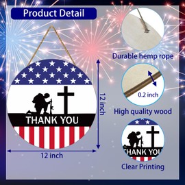 YUNKKIN Memorial Day Decorations American Soldier Thank You Hanging Sign Memorial Day Wreath Patriotic Wreath Wooden 4th of July Decorations Door Decor for Office Wall Indoor Home Decor