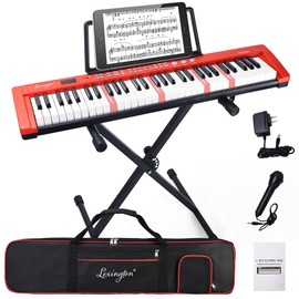 Lexington 61 Key Keyboard Piano, Complete Electronic Piano Keyboard Set for Beginners Adults, Portable Music Keyboard with Lighted Keys, Teaching Modes, Stand, Case, Microphone (61-Key Red)