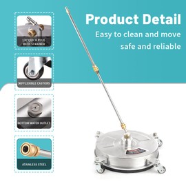SORODO 14" Pressure Washer Surface Cleaner with 4 Wheels - Stainless Steel Surface Cleaner for Pressure Washer Attachment for Concrete, Patio, Sidewalk, Deck and Driveways